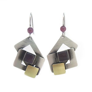 Double Square Brushed Silver w/Plum Catsite Earrings